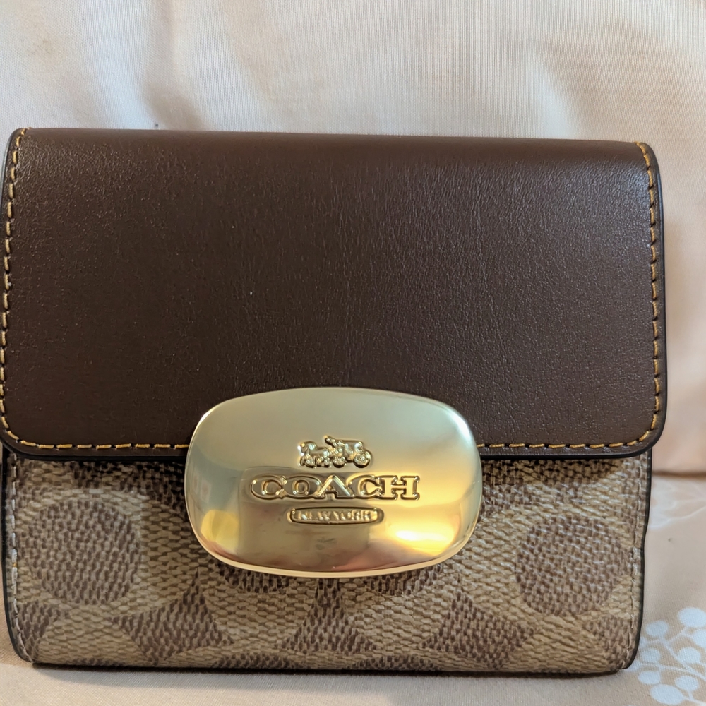 Coach Brown and Tan Wallet with Gold Clasp